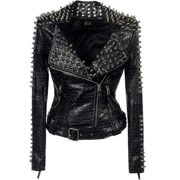 Women's Punk Faux Leather PU Black Jacket Studded Rivet Fashion Streetwear Coat - Picture 6 of 7